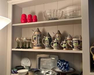 German stein collection, silverplate serving pieces