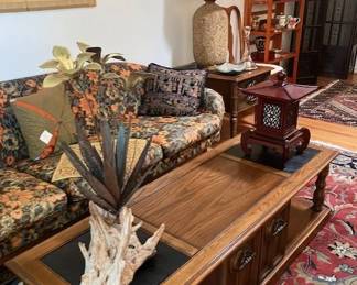 Mid Century sofa Viko Baumritter label, John Steck metal/driftwood  sculpture, MCD cork and teak lamps