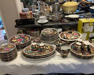 Vintage Chinese Famille Noir Mille Fleurs set of dinnerware