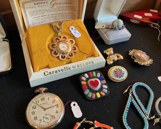 Great costume jewelry, Studebaker 21 jewel pocket watch, works.