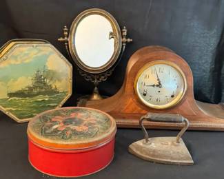 Seth Thomas Antique Sentinel 12 Mantel Clock, Mirror, Cookie Cans