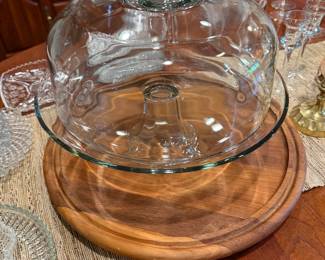 Dansk teak lazy susan and glass domed cake plate.