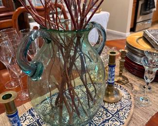 Large hand blown  glass handled vase.