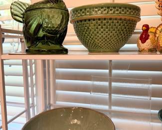 L E Smith green glass turkey & McCoy bowl.