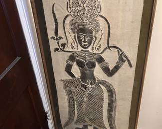 Cambodian Temple Rubbing 17th - 18th c done in early 1980s - very large size framed, no longer permitted.