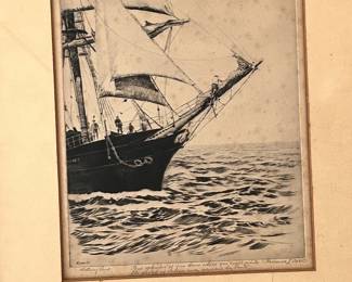 Frederick Owen etching -Canadian- Setting Sail.
