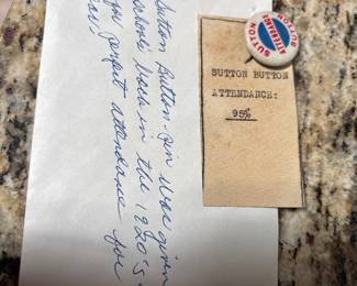 Sutton Button 1920's for perfect attendance at school