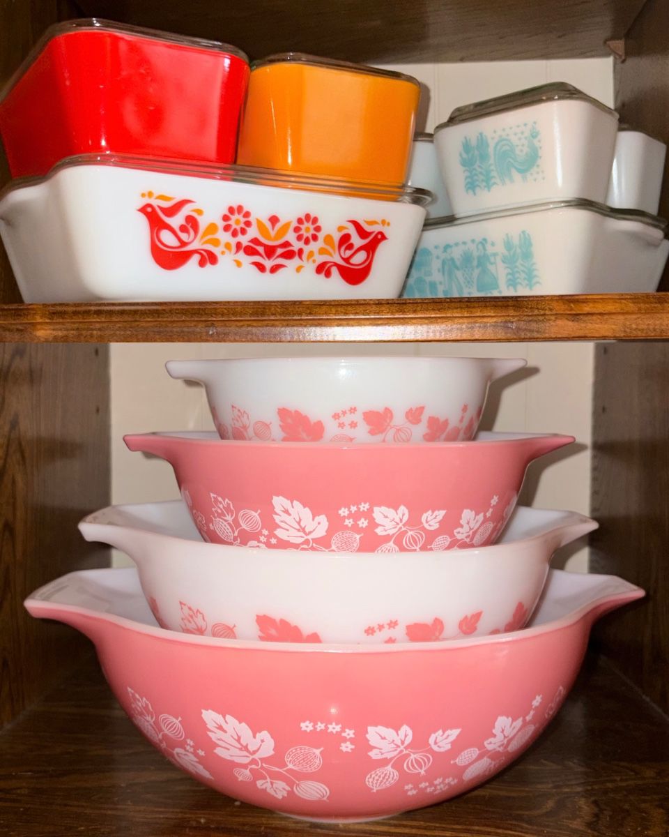 Collection of vintage Pyrex including a set of  Pink Gooseberry nesting bowls.  Cinderella and Friendship  "fridgie" refrigerator dishes.