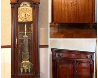 A Howard Miller Grandfather Clock, vintage teak Danish Modern cabinet and a vintage-style Chippendale mahogany server buffet 