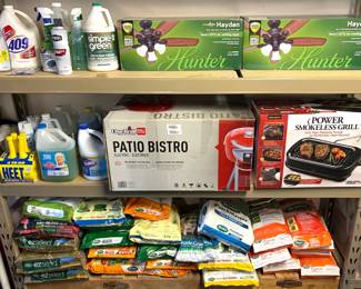 Power Smokeless Grill a Char-Broil Patio Bistro electric grill, various bags of Scotts EZ Seed Patch and Repair lawn care products. and brand new indoor ceiling fans  