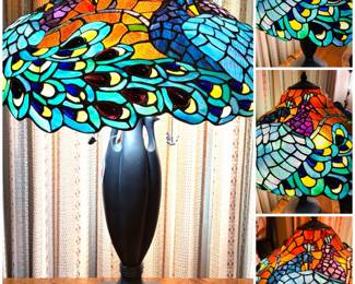Vintage Tiffany style peacock inspired stained glass table lamp