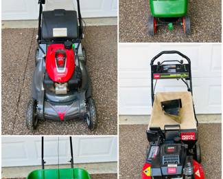 a Honda HRX217 self-propelled lawn mower, a Scotts AccuGreen 3000 drop spreader, a green Scotts EasyGreen broadcast spreader and a Toro Super Recycler lawn mower.