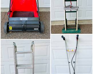 A an Agri-Fab 26-inch push lawn sweeper, a Yeats Model 14 aluminum appliance dolly, a Krause MultiMatic multipurpose aluminum ladder  and a Mantis gasoline-powered mini-tiller/cultivator.