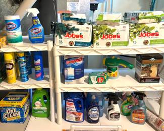 Bulk cleaning supplies including Oxi-Clean, Clorox and Pledge