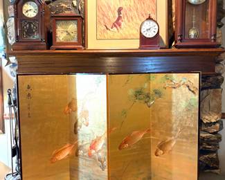 Oriental Furniture four-panel gold leaf screen features a hand-painted "Seven Lucky Fish" design. And a collection of  traditional-style chiming wall clocks.