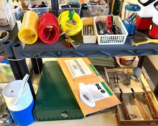 nylon coiled air hoses, vintage Coleman 2-burner camp stove and set of vintage grilling tools.