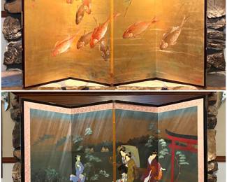 a vintage Japanese four-panel byobu folding screen and an antique 1920s Japanese folding screen