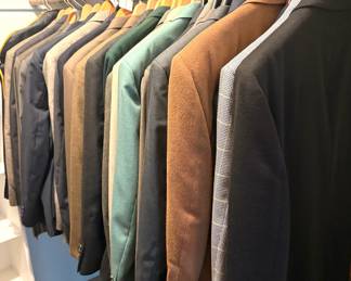 Huge collection of men’s suit jackets from sizes M-XL including  brands Hart Schaffner & Marx Jos. A. Bank H. Freeman & Son Chaps/Ralph Lauren RBM Arrow Norm Thompson Stanley Blacker Croft & Barrow Wrangler and Haggar