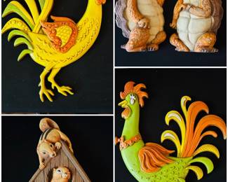 vintage 1960s Sexton colorful cast aluminum rooster and hen wall hangings, a 1977 Homco molded plastic wall plaque featuring two chipmunks and a birdhouse. and a vintage 1970s Burwood plastic turtle wall plaque. 