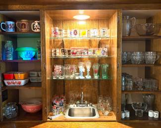Uranium glass, vintage bar glassware, and vintage Pyrex