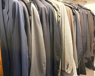 Huge collection of men’s suit jackets from sizes M-XL including  brands Hart Schaffner & Marx Jos. A. Bank H. Freeman & Son Chaps/Ralph Lauren RBM Arrow Norm Thompson Stanley Blacker Croft & Barrow Wrangler and Haggar
