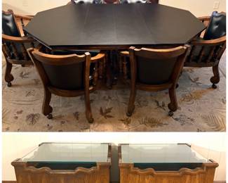 An octagon slate game table set and a pair of Grand Villa by Drexel nightstands