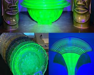 Hazel Atlas uranium nesting bowl set, Imperial Glass 12 days of Christmas carnival glass plates, Kralik Bohemian Czech uranium art glass threaded "reeded" fan vase