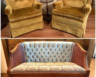 A pair of MCM plush gold armchairs and an antique-style, settee 