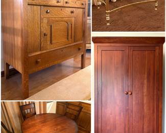 A vintage a Mission Style oak sideboard, solid wood round dining table and chairs, a LaBarge Hollywood Regency style coffee table and a a 1990s Ethan Allen American Impressions armoire made of solid cherry wood 