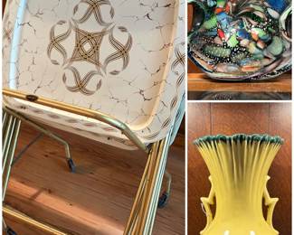 A vintage Quaker Industries mid-century modern TV tray set, a vintage Murano Italian art glass bowl and a vintage McCoy pottery piece. 