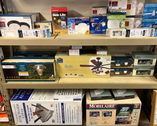 New in box ceiling fans, lights, and light bulbs 