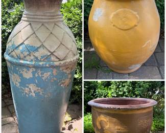 Collection of out door garden planters and a tall garden vessel