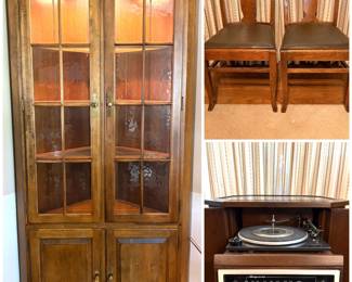 Ethan Allen corner curio cabinet, a pair of vintage wood dining chairs, and a a vintage Magnavox stereo console 