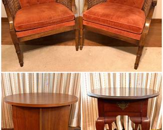 A pair of vintage Mid Century Modern cane arm barrel chairs, a wooden round table and a mahogany-finished end table 