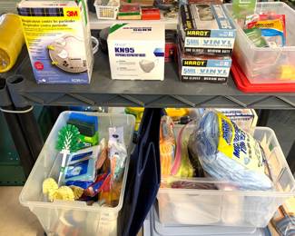 3M N95 particulate respirator mask. Vinyl gloves, car cleaning supplies and cleaning brushes. 