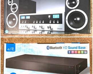 Innovative Technology Classic CD Stereo System (model ITCDS-5000) featuring retro-style VU meters. And an iLive Bluetooth HD Sound Base, model 1TB174B.