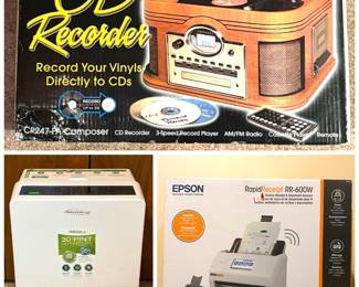 a Crosley CR247-PA Composer CD Recorder, a white Soleus Air portable dehumidifier and an Epson RapidReceipt RR-600W wireless document scanner.