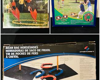  a vintage Kent "YarDarts" lawn dart set, a  Bulls-Eye Washers Game and a Sportcraft Bean Bag Horseshoe game set.