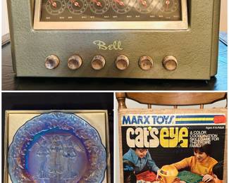 Vintage Bell turntable amplifier, Imperial Glass “Hark the Harold carnival glass plate, vintage cats eye Marx game