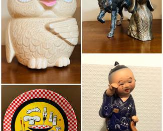  a vintage McCoy #204 cream-colored ceramic owl cookie jar, a 1950s round BBQ-themed serving tray made of painted metal, set of two vintage bronze hound dog figures and a vintage hand-painted Hakata doll