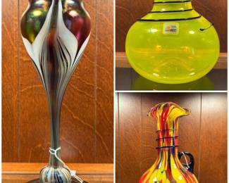 An iridescent  Correia Studio art glass vase, hand-blown yellow art glass vase and a vintage hand-blown art glass pitcher 