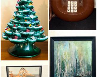 a vintage 18-inch ceramic Christmas tree, a vintage Chinese hand-carved cork diorama,  a vintage 1970s Western Electric "Sculptura" phone, also known as the "donut phone" And a vintage framed oil painting on canvas of a harbor scene, titled "At Anchor" by artist Danny Garcia.