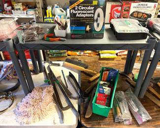 Lights of America twin pack of circular fluorescent adapters, vintage mechanics gooseneck pry bars and  garage organizers and tools.