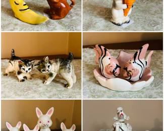 Cow jumped over the moon vintage ceramic salt and pepper shakers, vintage Goebel Germany bunny rabbit and carrot salt and pepper shaker set,  a set of vintage 1950s-1960s Japanese ceramic figurines featuring tabby kittens, vintage Kissing Fish salt and pepper shakers, set of vintage ceramic bunnies and a set of Lefton spaghetti pool noodle figurines. 