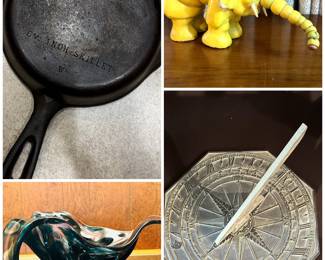 Griswold cast iron pan, Murano glass bowl, vintage Twistum toy elephant, Mount Vernon bronze sundial 