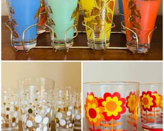 vintage MCM Bartlett Collins glasses with a metal caddy. vintage MCM highball tumblers And a pair of vintage MCM flow power glasses.