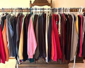 Huge collection of men’s sweaters including brands such as Huge collection of men’s suit jackets from sizes M-XL including  brands Hart Schaffner & Marx Jos. A. Bank H. Freeman & Son Chaps/Ralph Lauren RBM Arrow Norm Thompson Stanley Blacker Croft & Barrow Wrangler and Haggar.