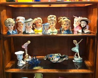 Collection of  Mid-Century Modern art glass, vintage Lady Head Vases, and vintage porcelain figurines.