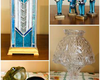 A Prairie Style stained glass pane, vintage ceramic figurines, a set of vintage Beatles nodder or bobblehead cake toppers from the 1960s and a Fifth Avenue Crystal Portico fairy lamp.