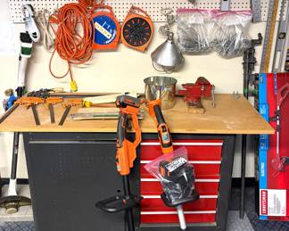 A Black & Decker 40V MAX* Lithium String Trimmer, a Worx WG941 20V Cordless Combo Kit, and extension cords 